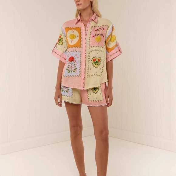 Zimmermann Pants - Zimmermann Pastel Patchwork Embroidered Short Set - Pink & Cream